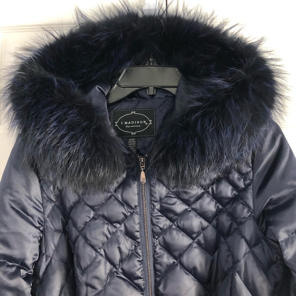 Winter down coat with fox fur trim